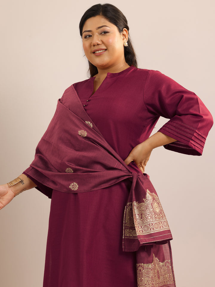 Plus Size Maroon Solid Cotton Blend Straight Suit Set With Dupatta