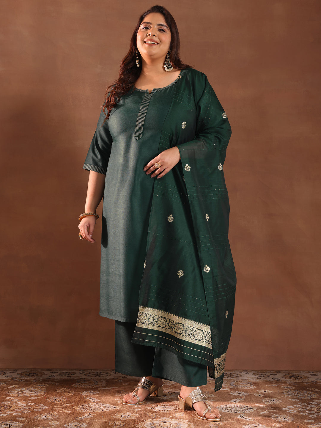 Plus Size Green Solid Cotton Blend Straight Suit Set With Dupatta