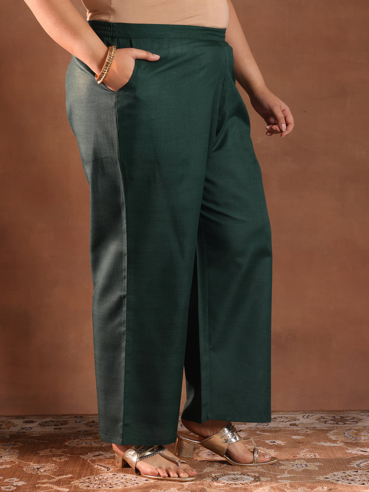 Plus Size Green Solid Cotton Blend Straight Suit Set With Dupatta