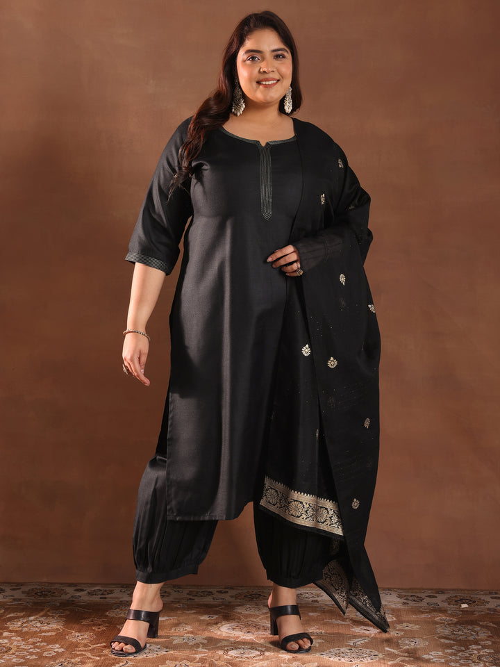 Plus Size Black Solid Cotton Blend Straight Suit Set With Dupatta
