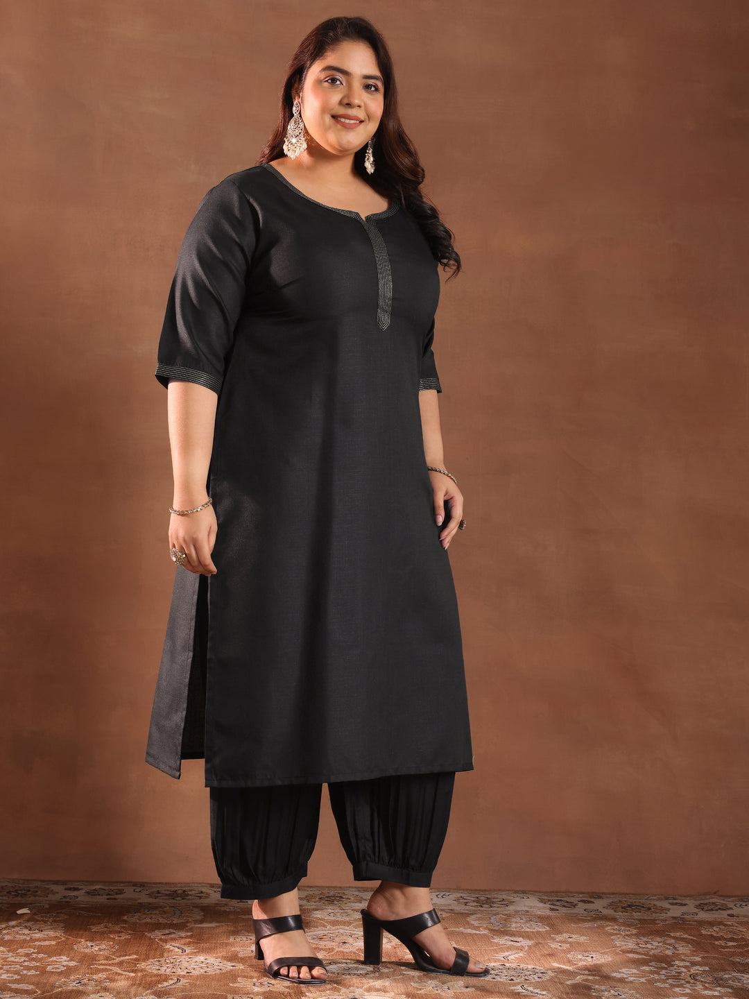 Plus Size Black Solid Cotton Blend Straight Suit Set With Dupatta