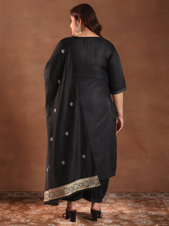 Plus Size Black Solid Cotton Blend Straight Suit Set With Dupatta