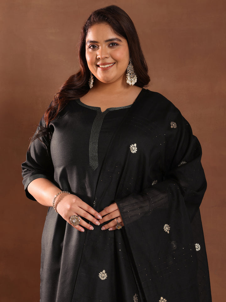 Plus Size Black Solid Cotton Blend Straight Suit Set With Dupatta