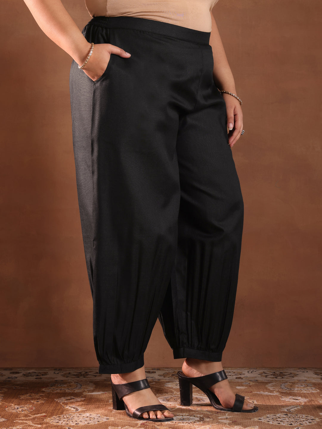 Plus Size Black Solid Cotton Blend Straight Suit Set With Dupatta