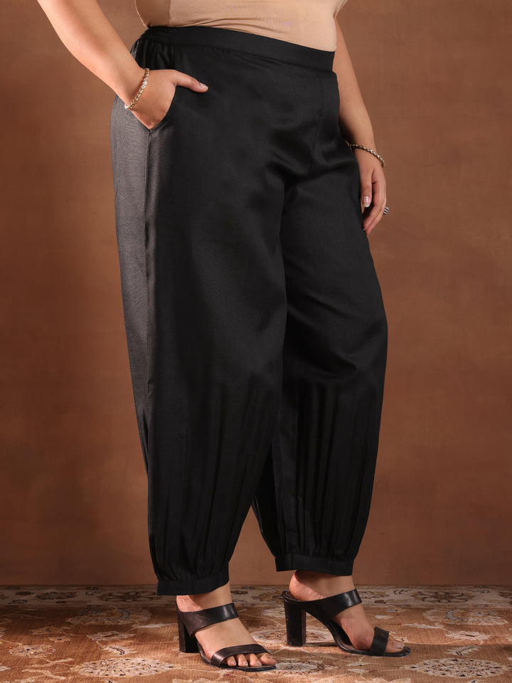 Plus Size Black Solid Cotton Blend Straight Suit Set With Dupatta