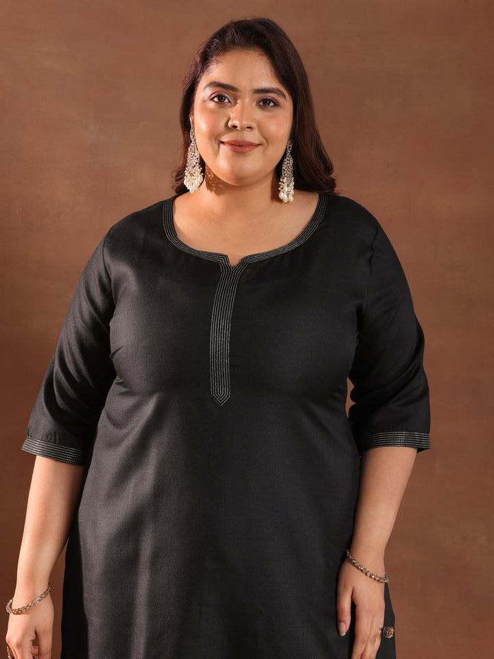 Plus Size Black Solid Cotton Blend Straight Suit Set With Dupatta