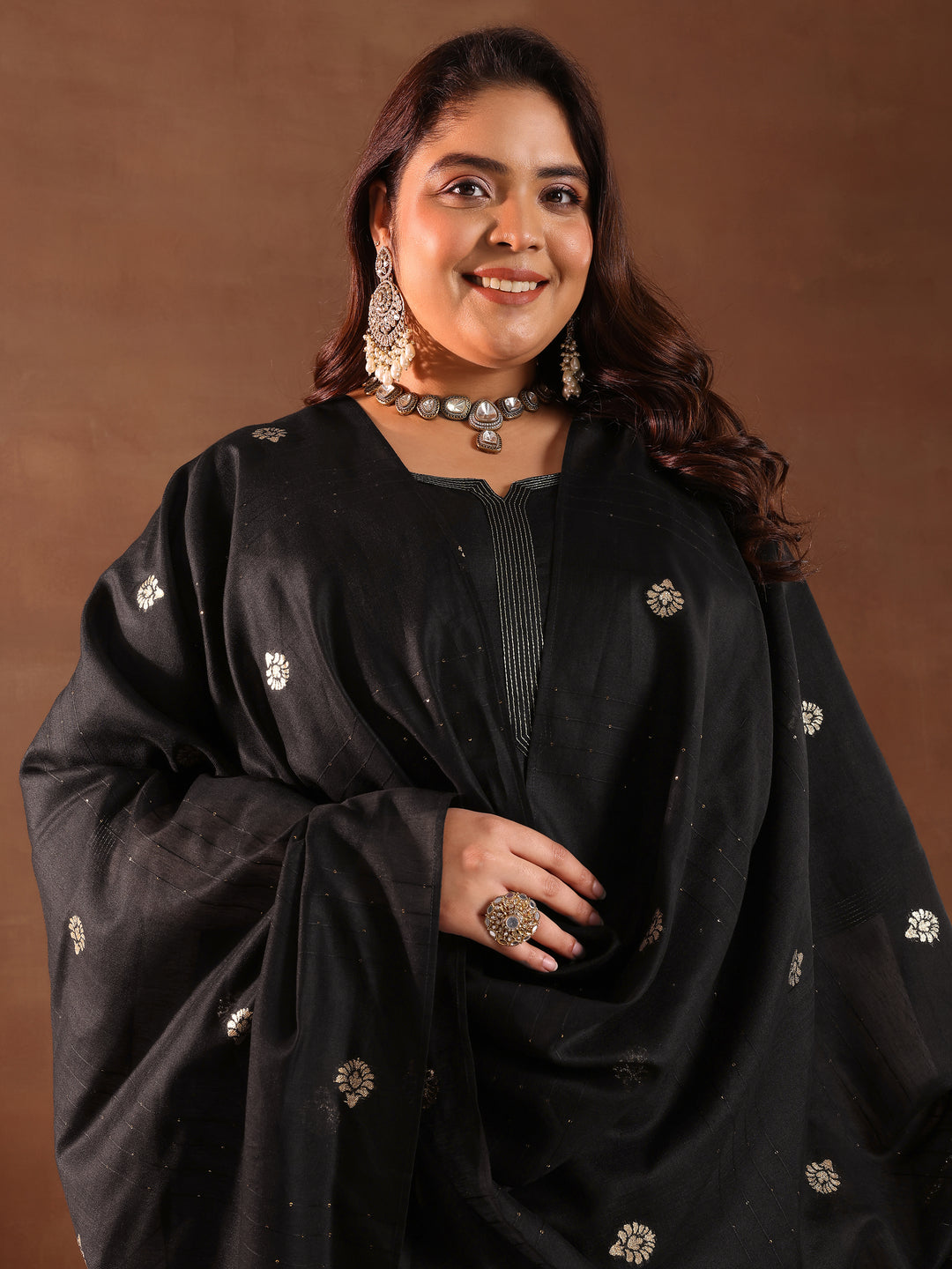 Plus Size Black Solid Cotton Blend Straight Suit Set With Dupatta