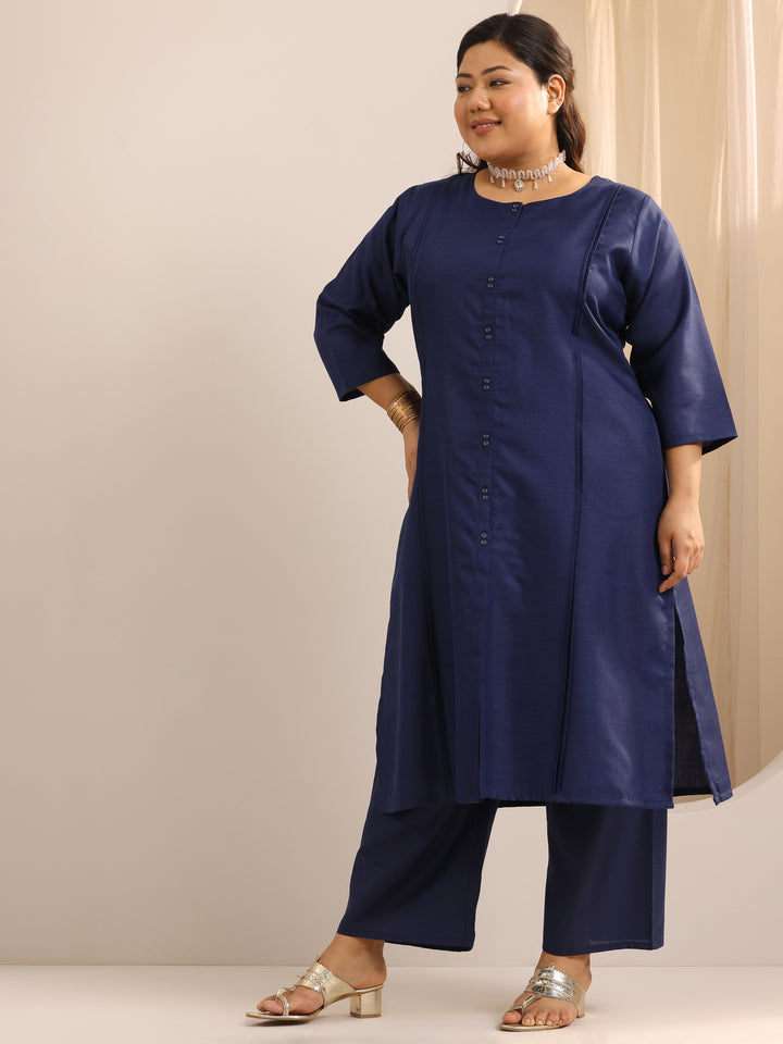 Plus Size Navy Blue Solid Cotton Blend Straight Suit Set With Dupatta