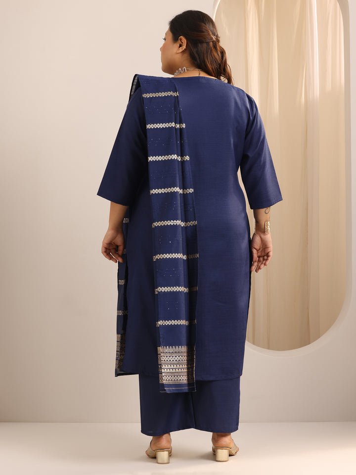 Plus Size Navy Blue Solid Cotton Blend Straight Suit Set With Dupatta