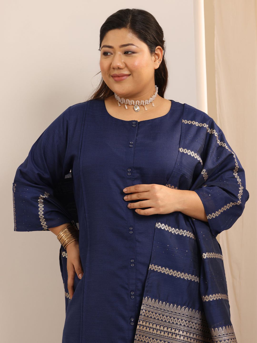 Plus Size Navy Blue Solid Cotton Blend Straight Suit Set With Dupatta