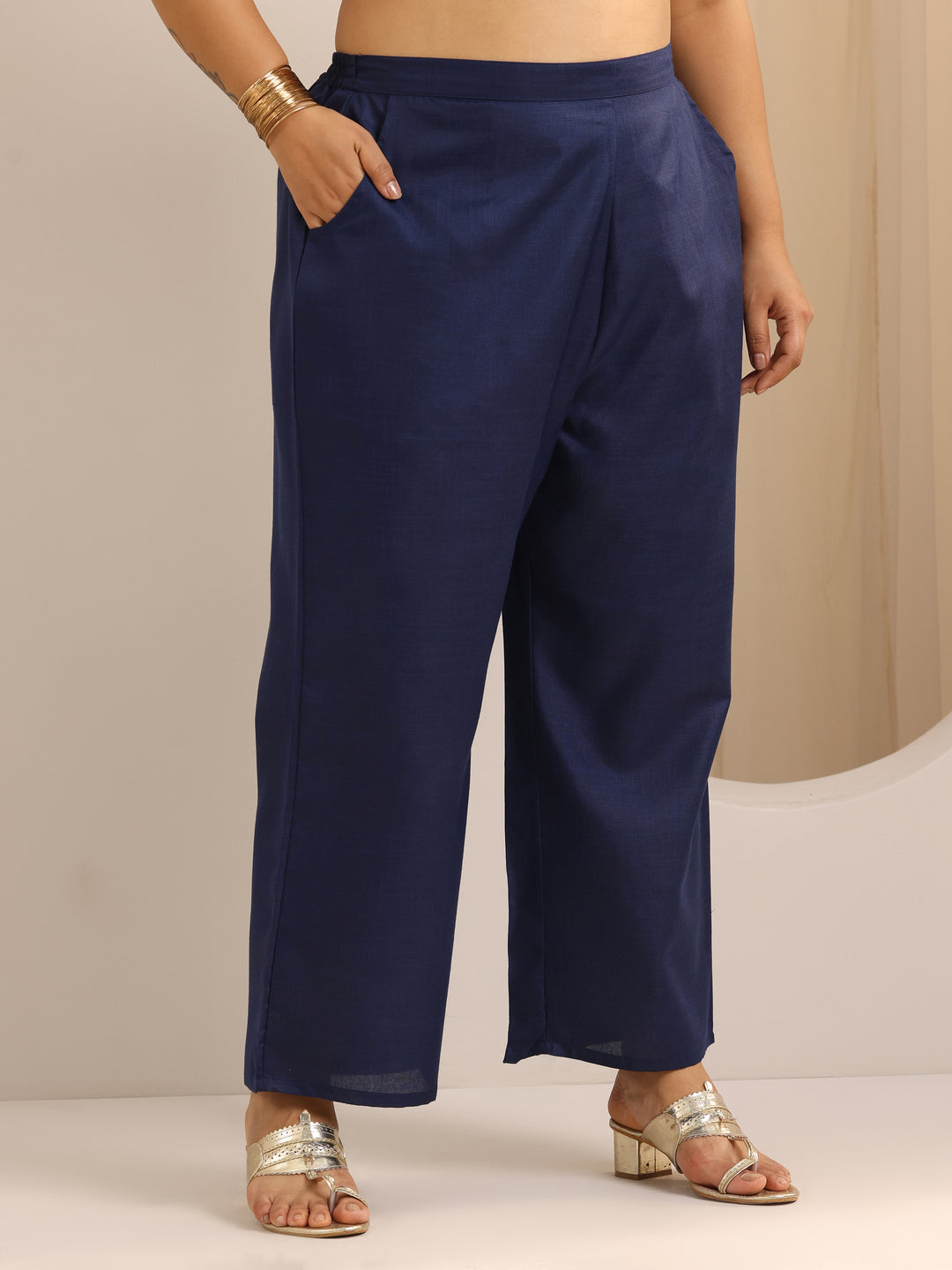 Plus Size Navy Blue Solid Cotton Blend Straight Suit Set With Dupatta