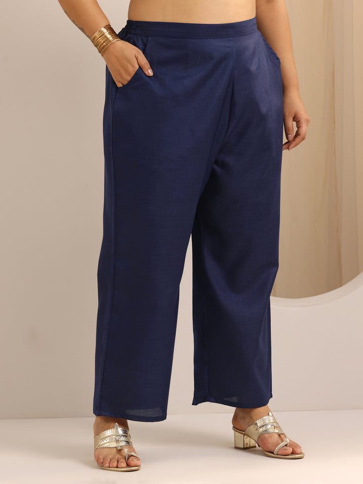 Plus Size Navy Blue Solid Cotton Blend Straight Suit Set With Dupatta