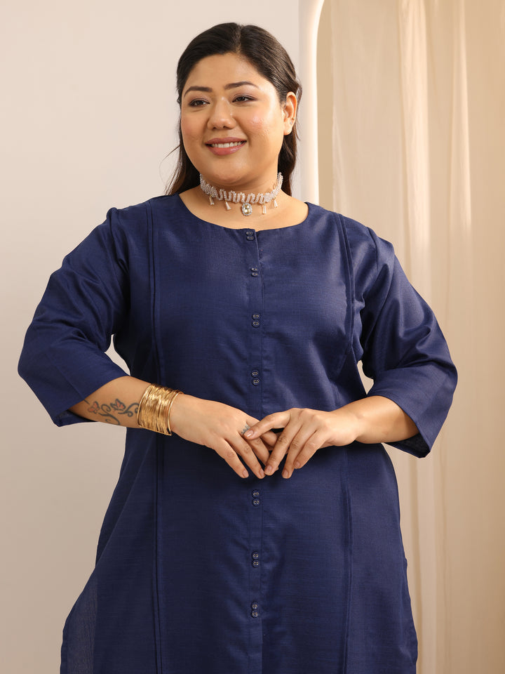 Plus Size Navy Blue Solid Cotton Blend Straight Suit Set With Dupatta
