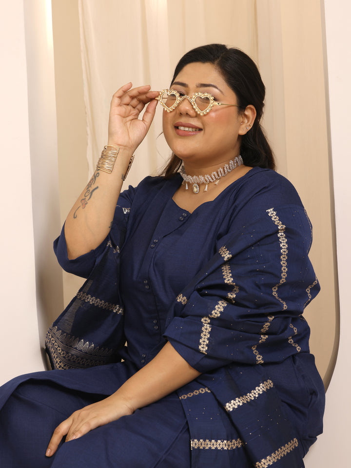 Plus Size Navy Blue Solid Cotton Blend Straight Suit Set With Dupatta
