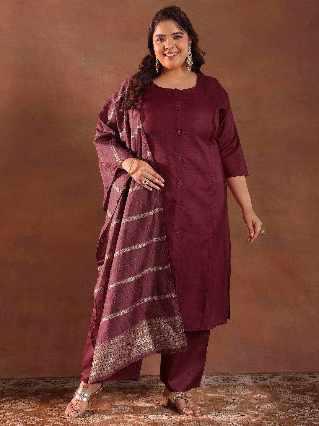 Plus Size Maroon Solid Cotton Blend Straight Suit Set With Dupatta