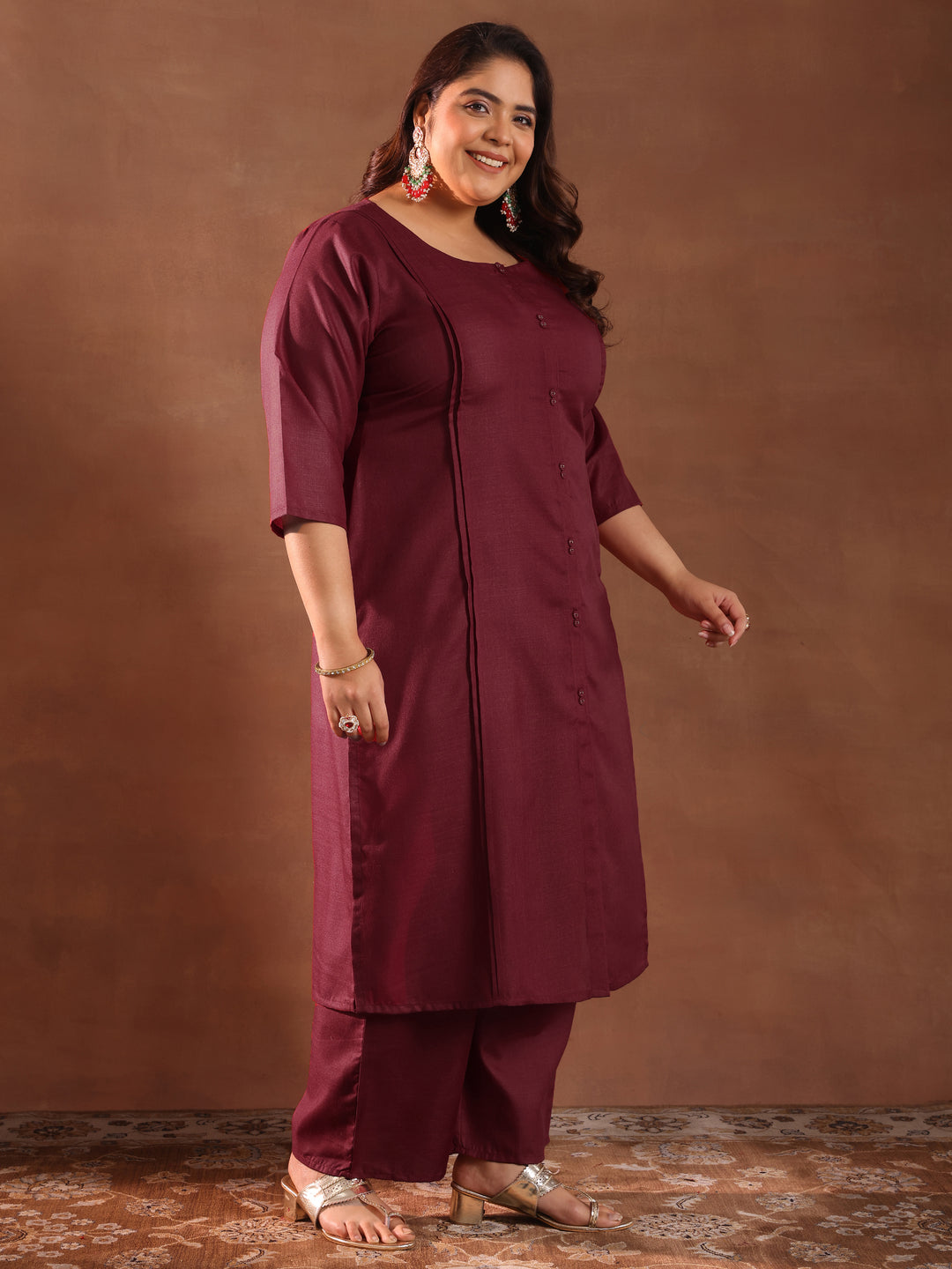 Plus Size Maroon Solid Cotton Blend Straight Suit Set With Dupatta