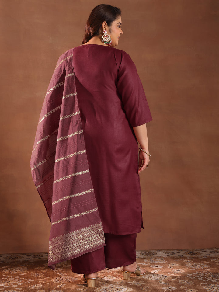 Plus Size Maroon Solid Cotton Blend Straight Suit Set With Dupatta