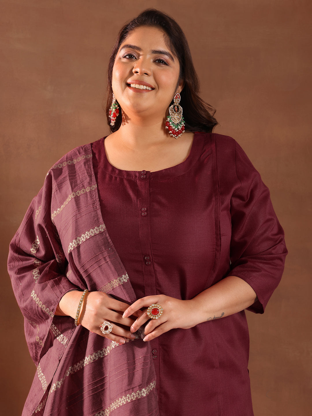 Plus Size Maroon Solid Cotton Blend Straight Suit Set With Dupatta