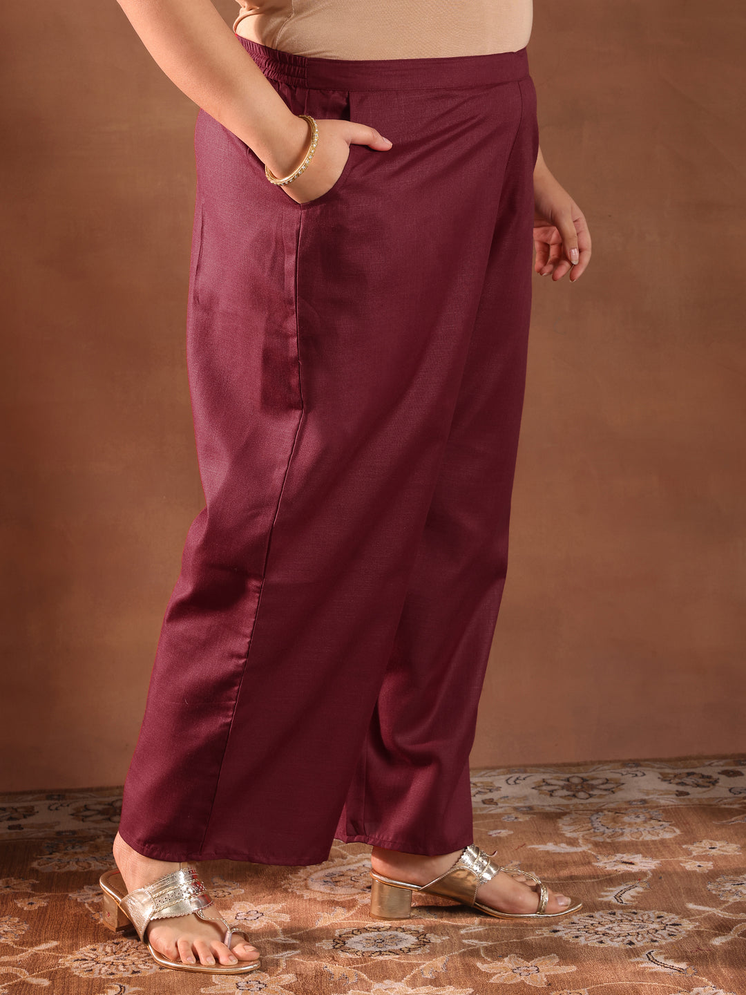 Plus Size Maroon Solid Cotton Blend Straight Suit Set With Dupatta