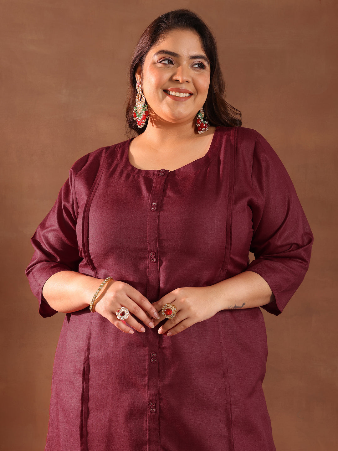 Plus Size Maroon Solid Cotton Blend Straight Suit Set With Dupatta