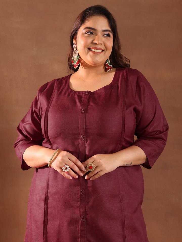 Plus Size Maroon Solid Cotton Blend Straight Suit Set With Dupatta