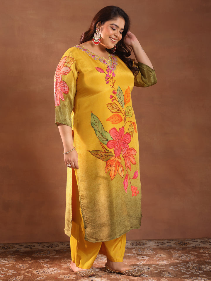 Plus Size Mustard Printed Silk Blend Straight Suit With Dupatta