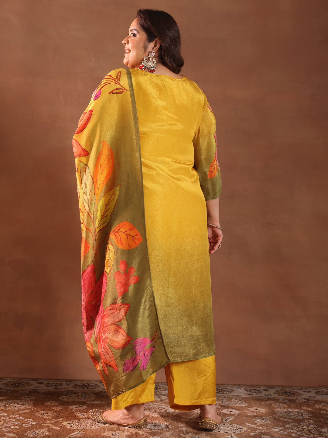 Plus Size Mustard Printed Silk Blend Straight Suit With Dupatta