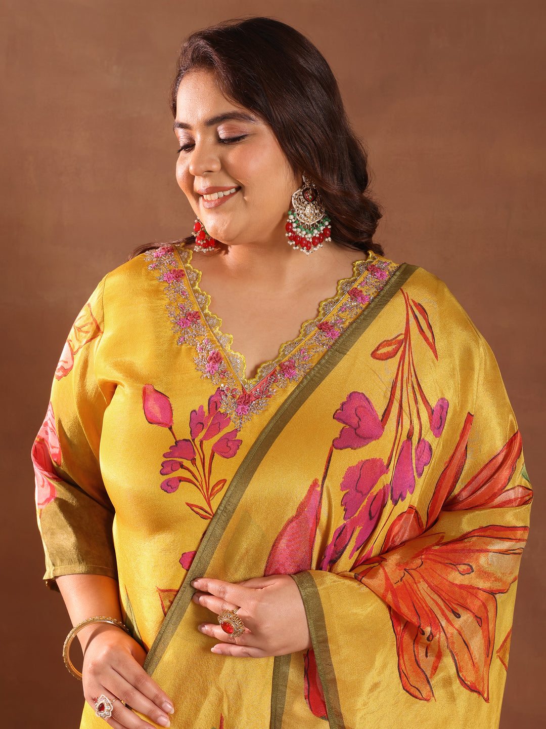 Plus Size Mustard Printed Silk Blend Straight Suit With Dupatta