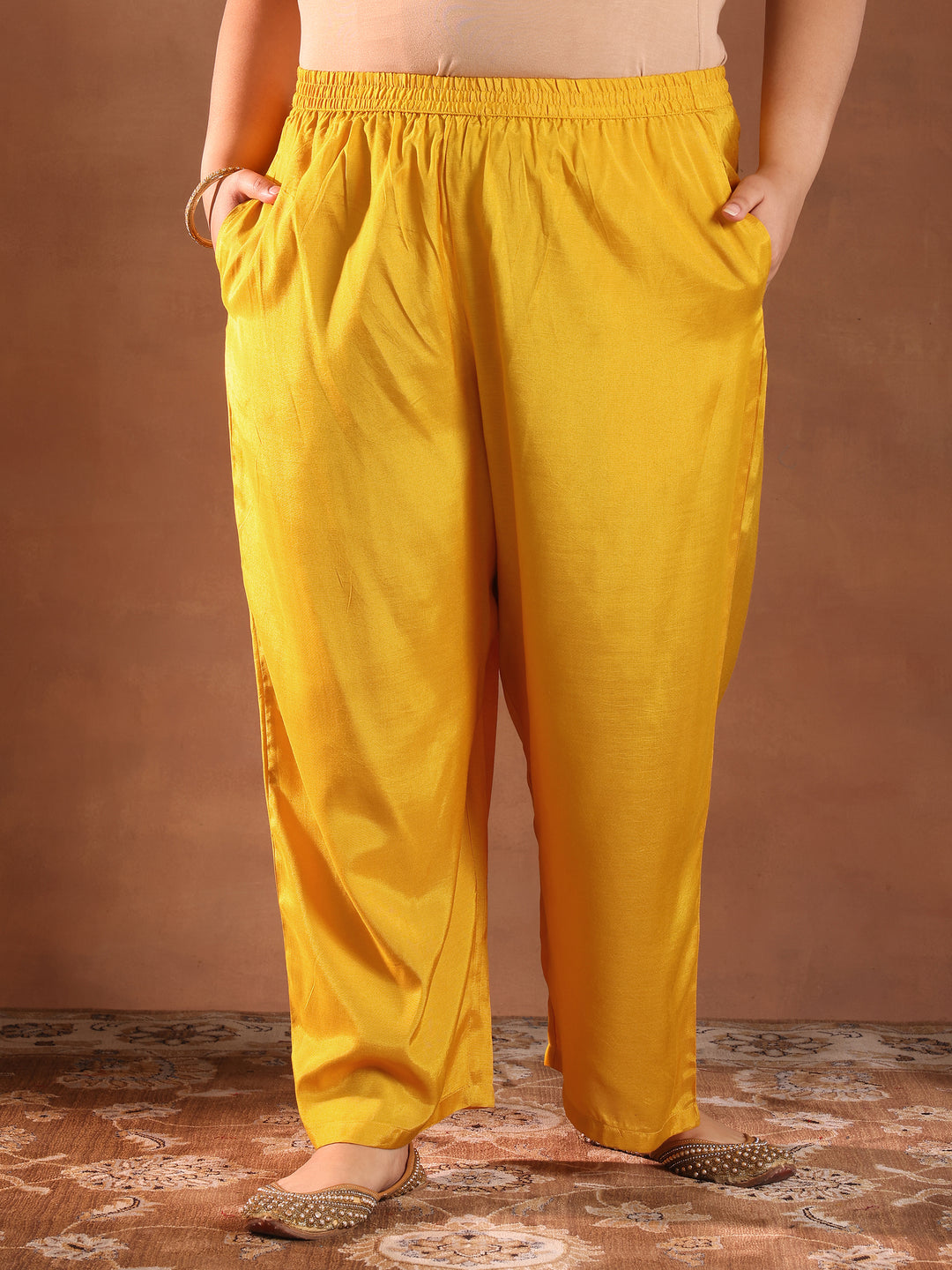 Plus Size Mustard Printed Silk Blend Straight Suit With Dupatta