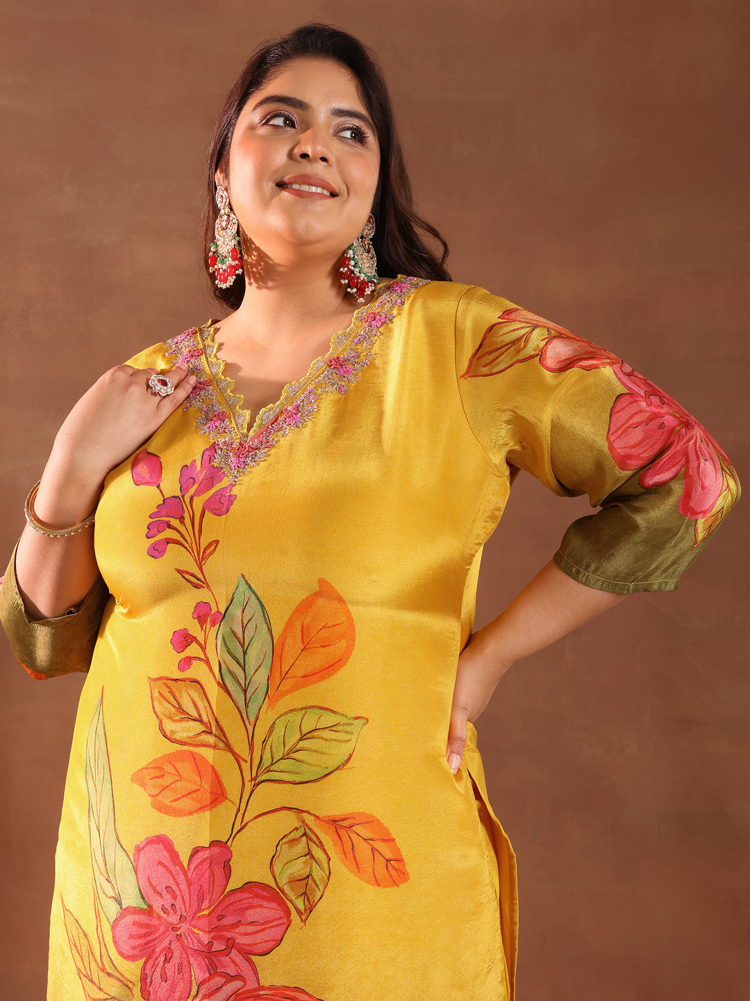 Plus Size Mustard Printed Silk Blend Straight Suit With Dupatta