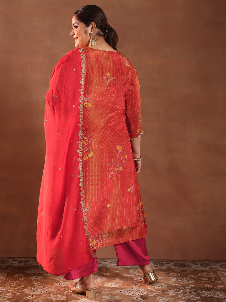Plus Size Red Printed Silk Blend Straight Suit With Dupatta