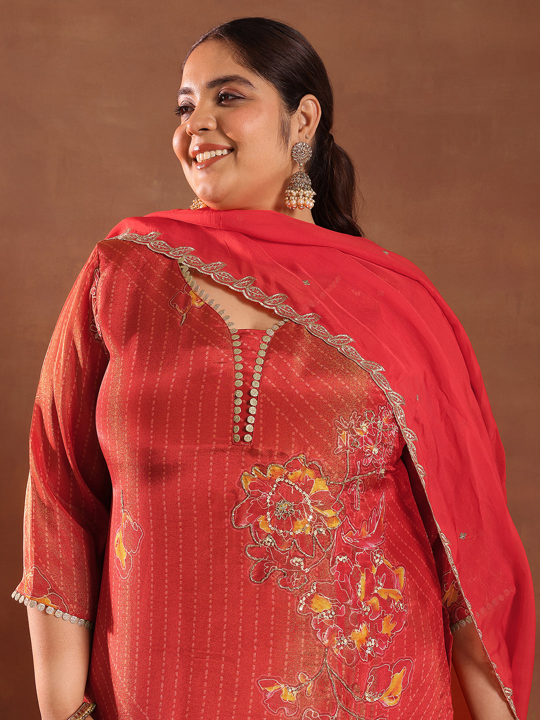 Plus Size Red Printed Silk Blend Straight Suit With Dupatta