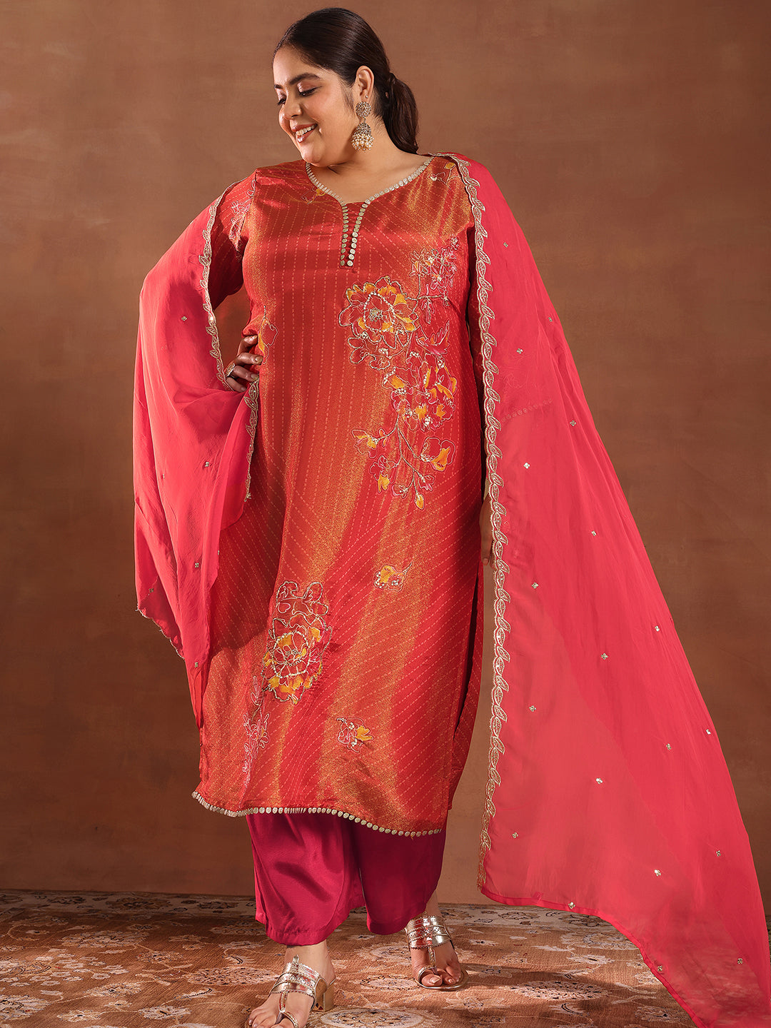 Plus Size Red Printed Silk Blend Straight Suit With Dupatta