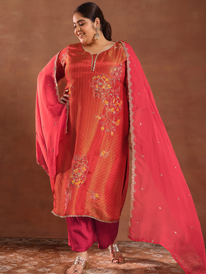 Plus Size Red Printed Silk Blend Straight Suit With Dupatta