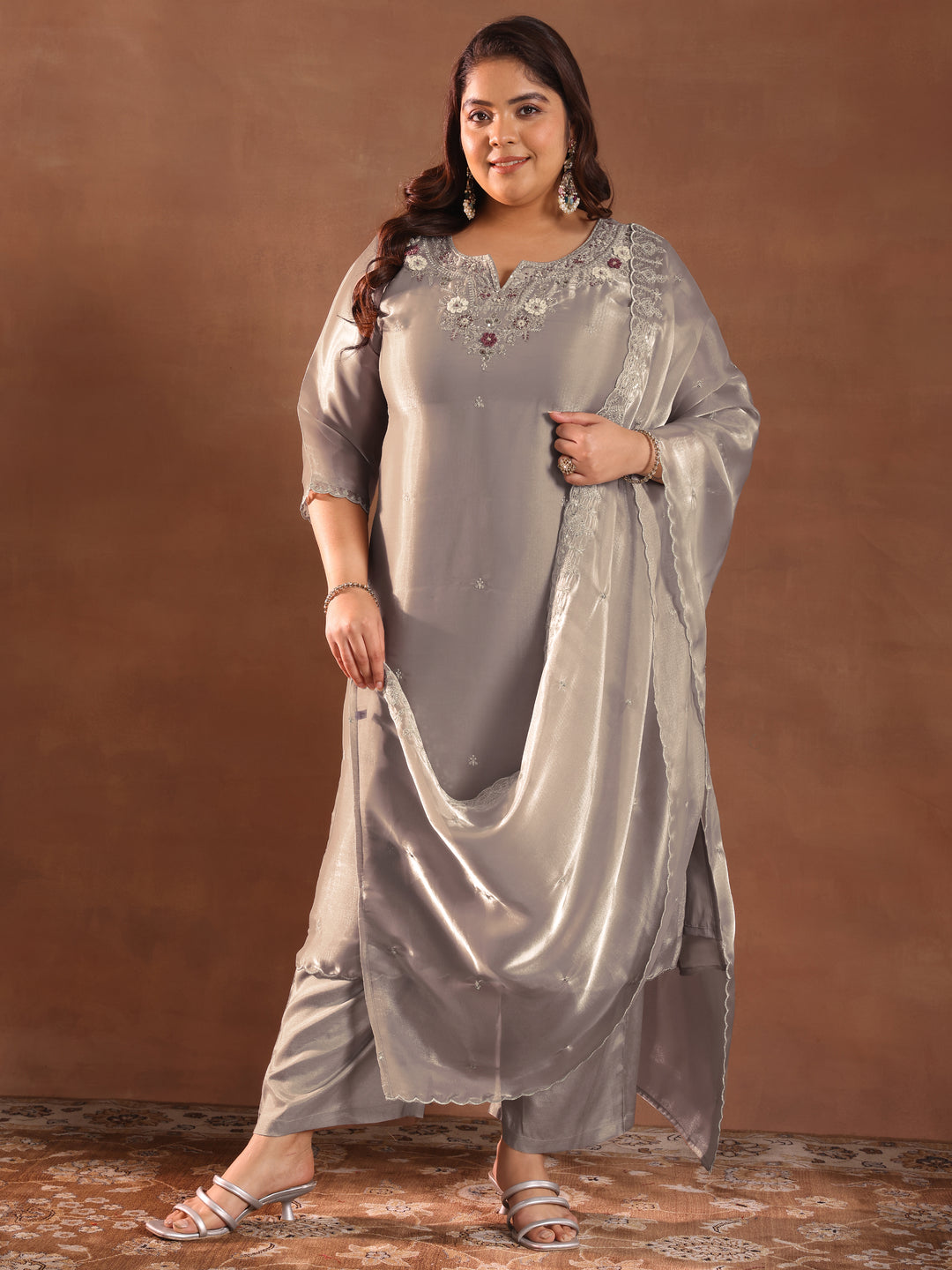 Plus Size Taupe Yoke Design Tissue Straight Suit With Dupatta