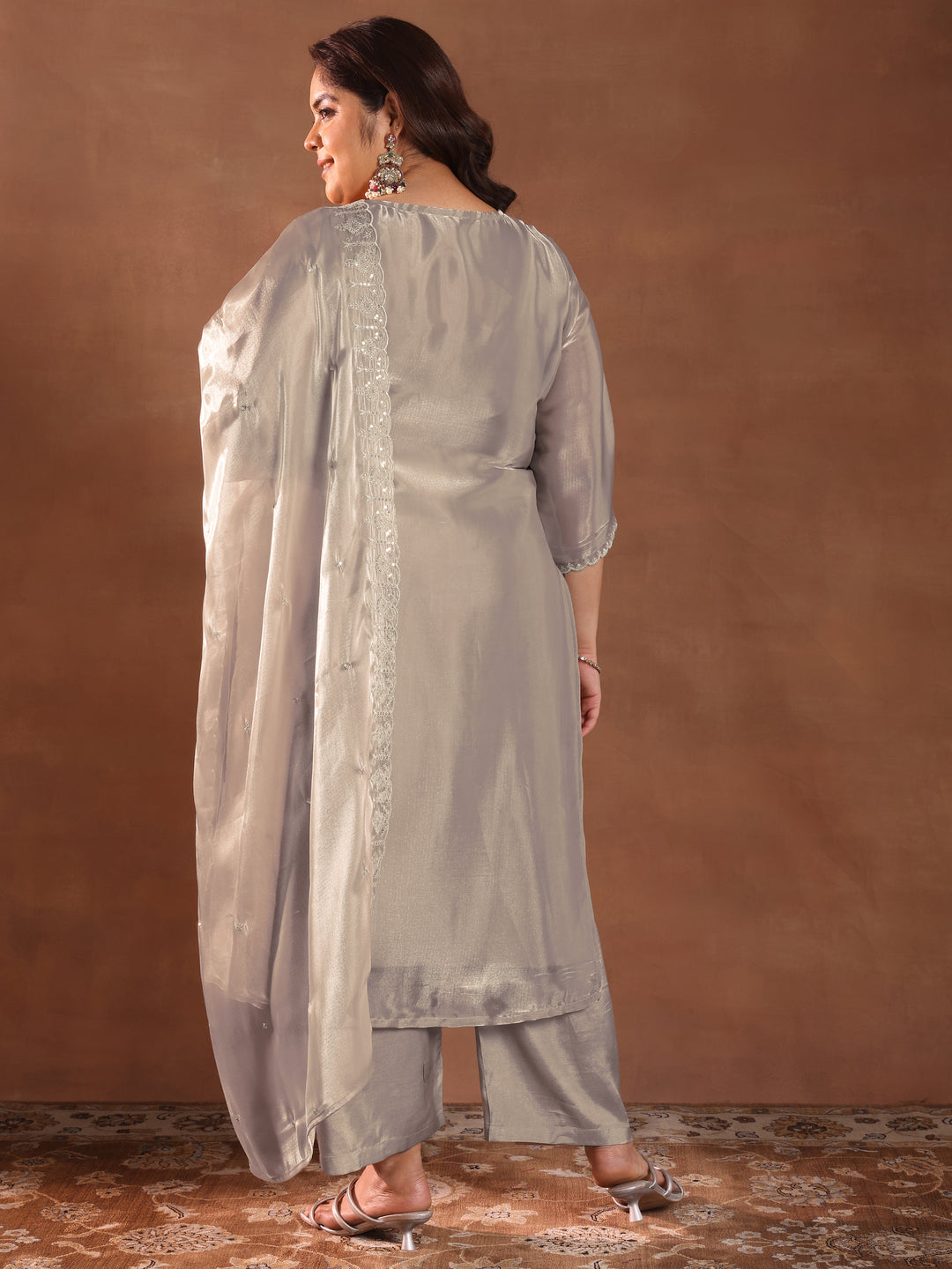 Plus Size Taupe Yoke Design Tissue Straight Suit With Dupatta