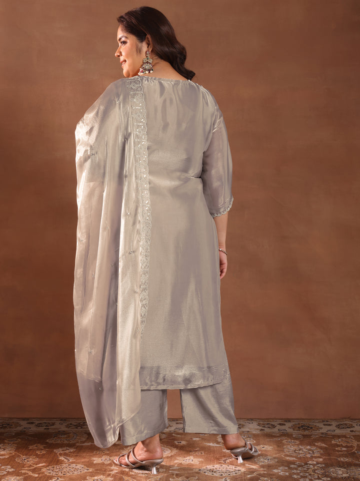 Plus Size Taupe Yoke Design Tissue Straight Suit With Dupatta
