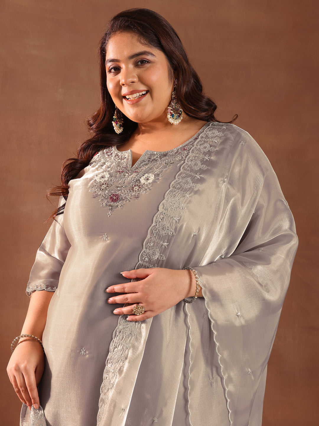Plus Size Taupe Yoke Design Tissue Straight Suit With Dupatta
