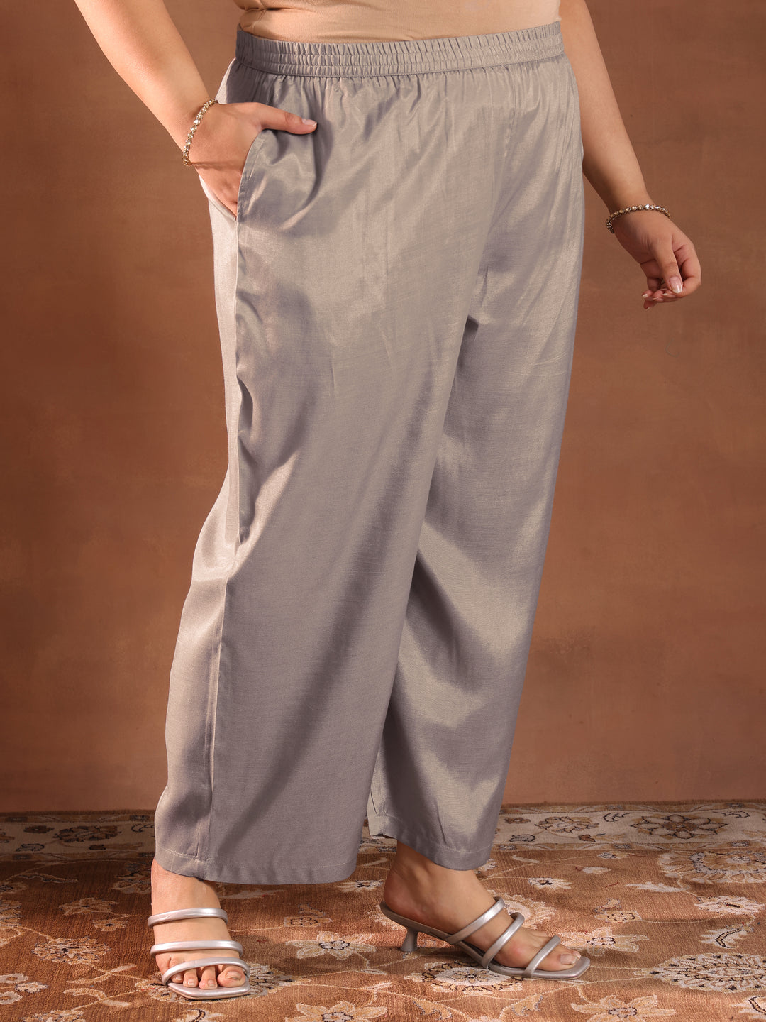 Plus Size Taupe Yoke Design Tissue Straight Suit With Dupatta