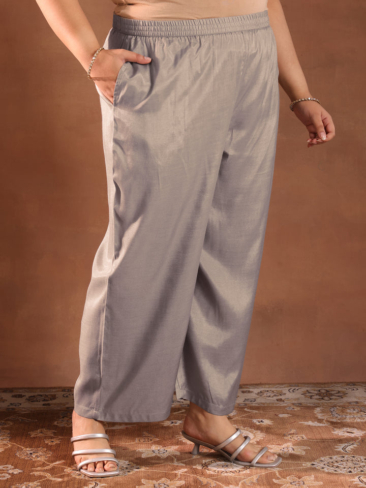 Plus Size Taupe Yoke Design Tissue Straight Suit With Dupatta