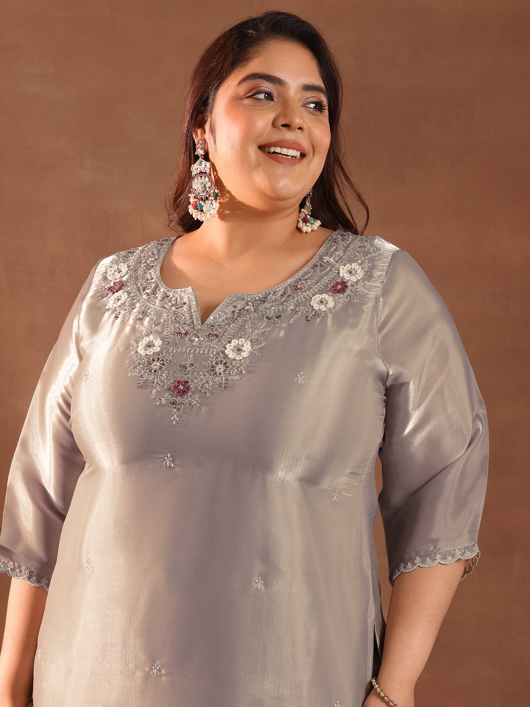Plus Size Taupe Yoke Design Tissue Straight Suit With Dupatta