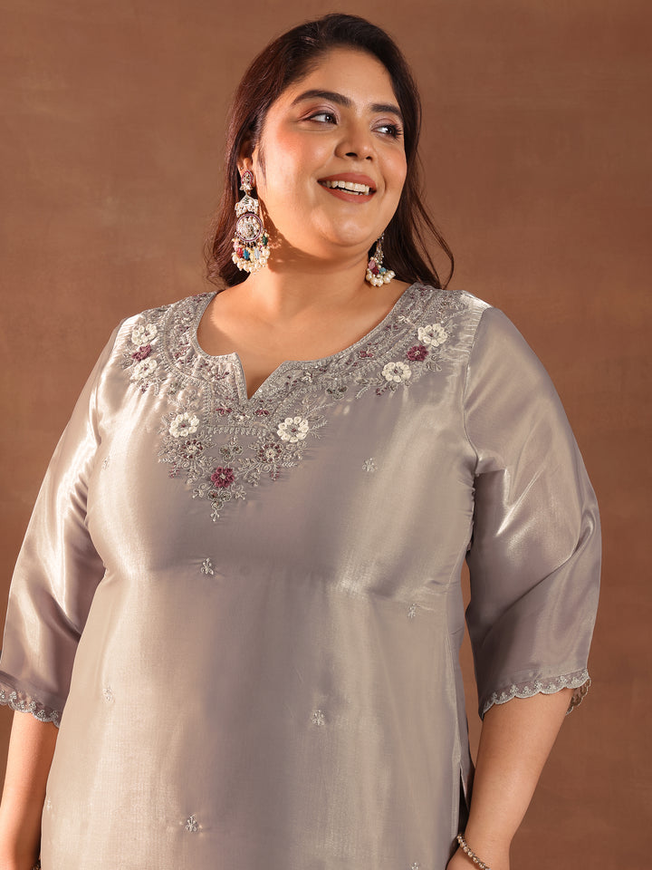 Plus Size Taupe Yoke Design Tissue Straight Suit With Dupatta