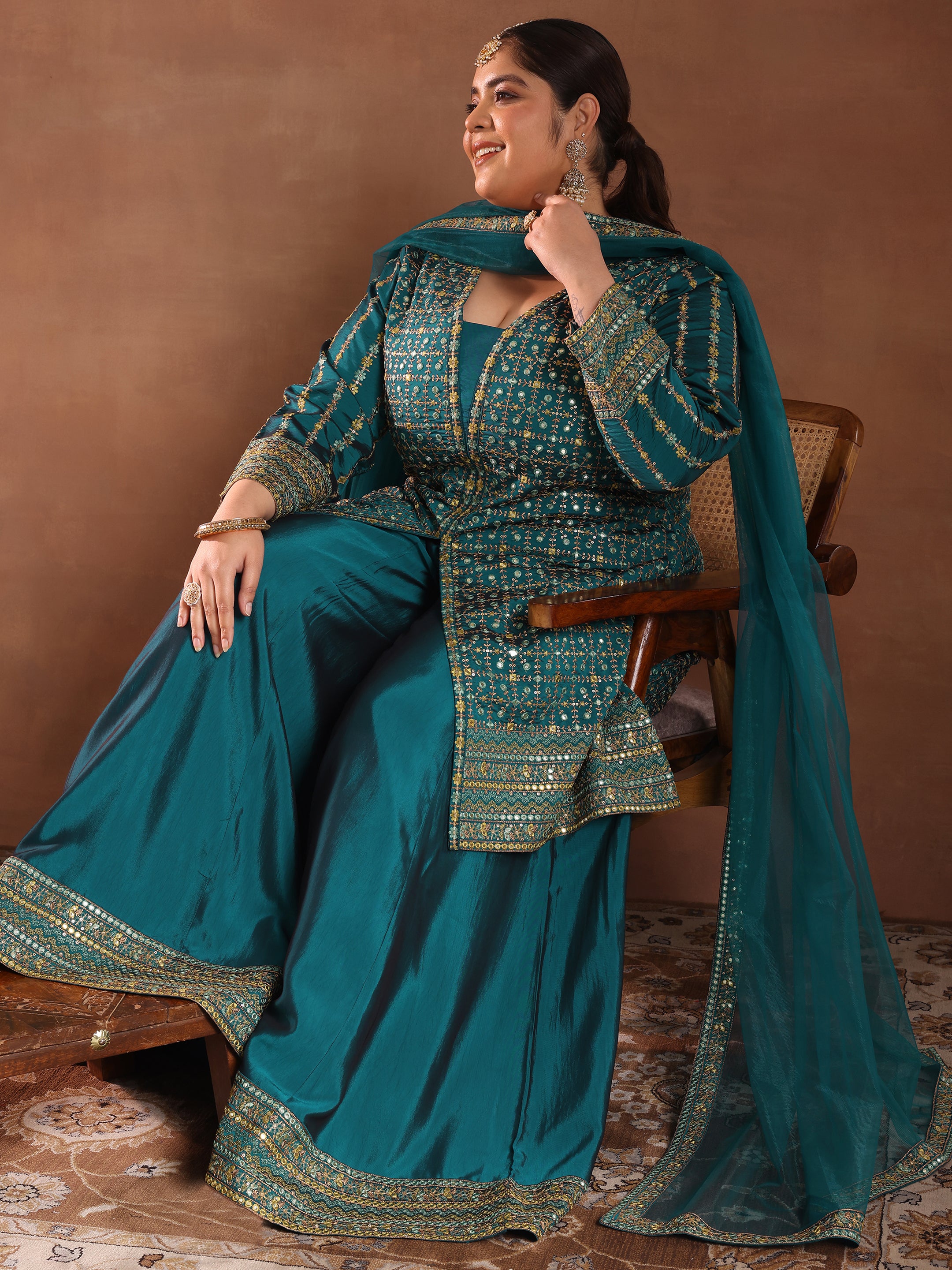 Plus Size Blue Printed Silk Blend Straight Suit With Dupatta