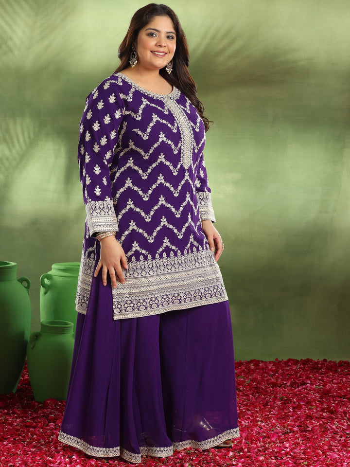 Plus Size Purple Embroidered Georgette Straight Suit With Dupatta