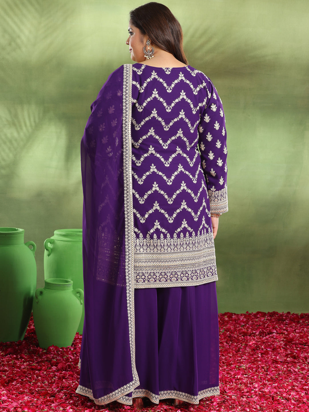 Plus Size Purple Embroidered Georgette Straight Suit With Dupatta