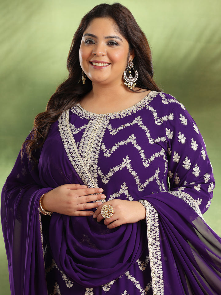 Plus Size Purple Embroidered Georgette Straight Suit With Dupatta