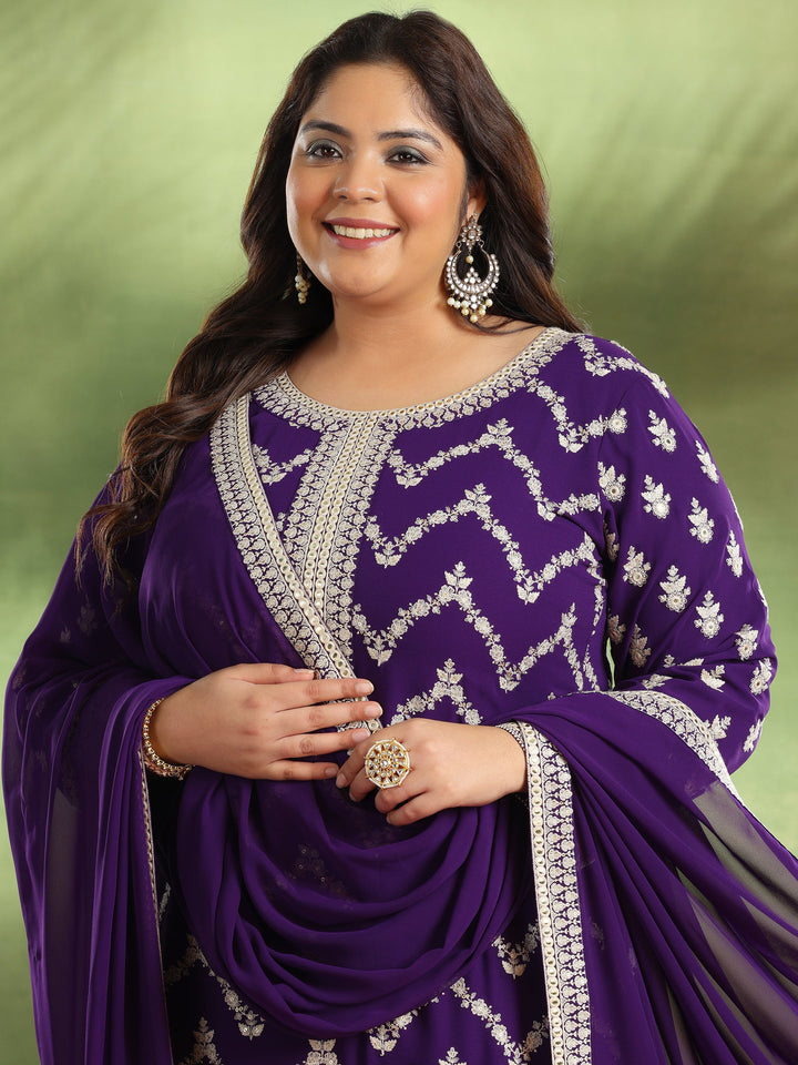 Plus Size Purple Embroidered Georgette Straight Suit With Dupatta