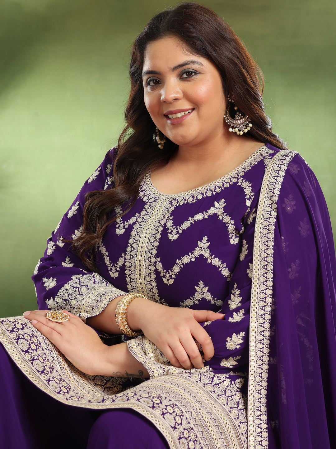 Plus Size Purple Embroidered Georgette Straight Suit With Dupatta