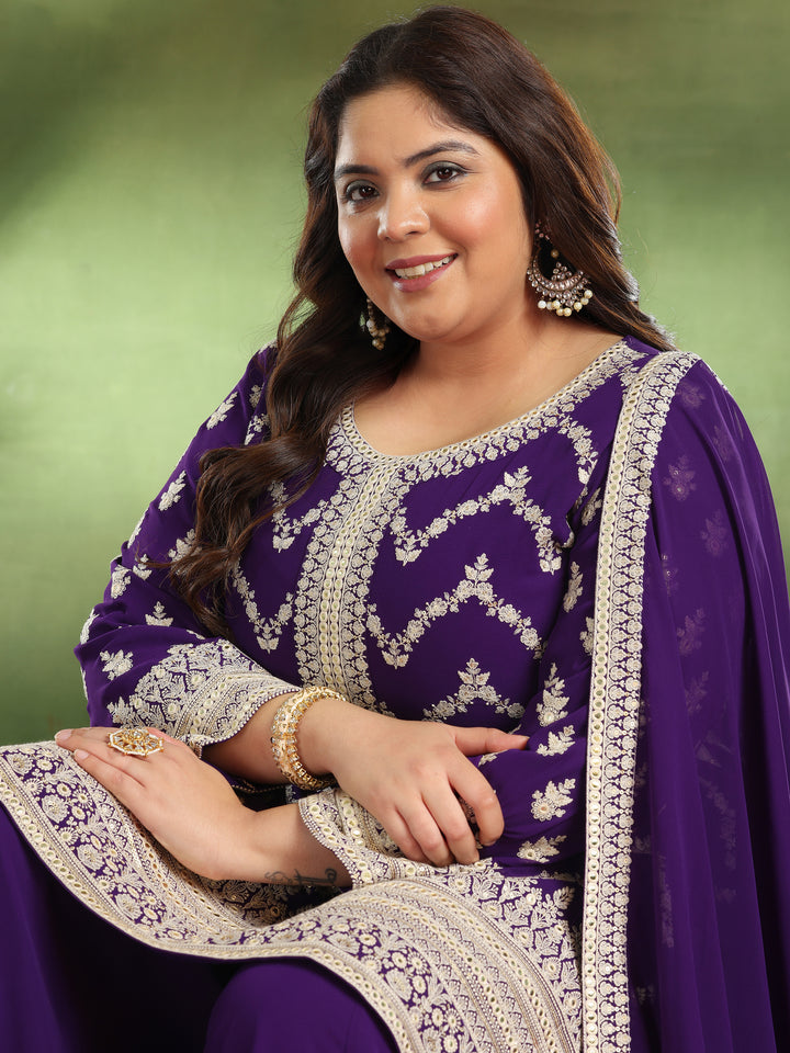 Plus Size Purple Embroidered Georgette Straight Suit With Dupatta