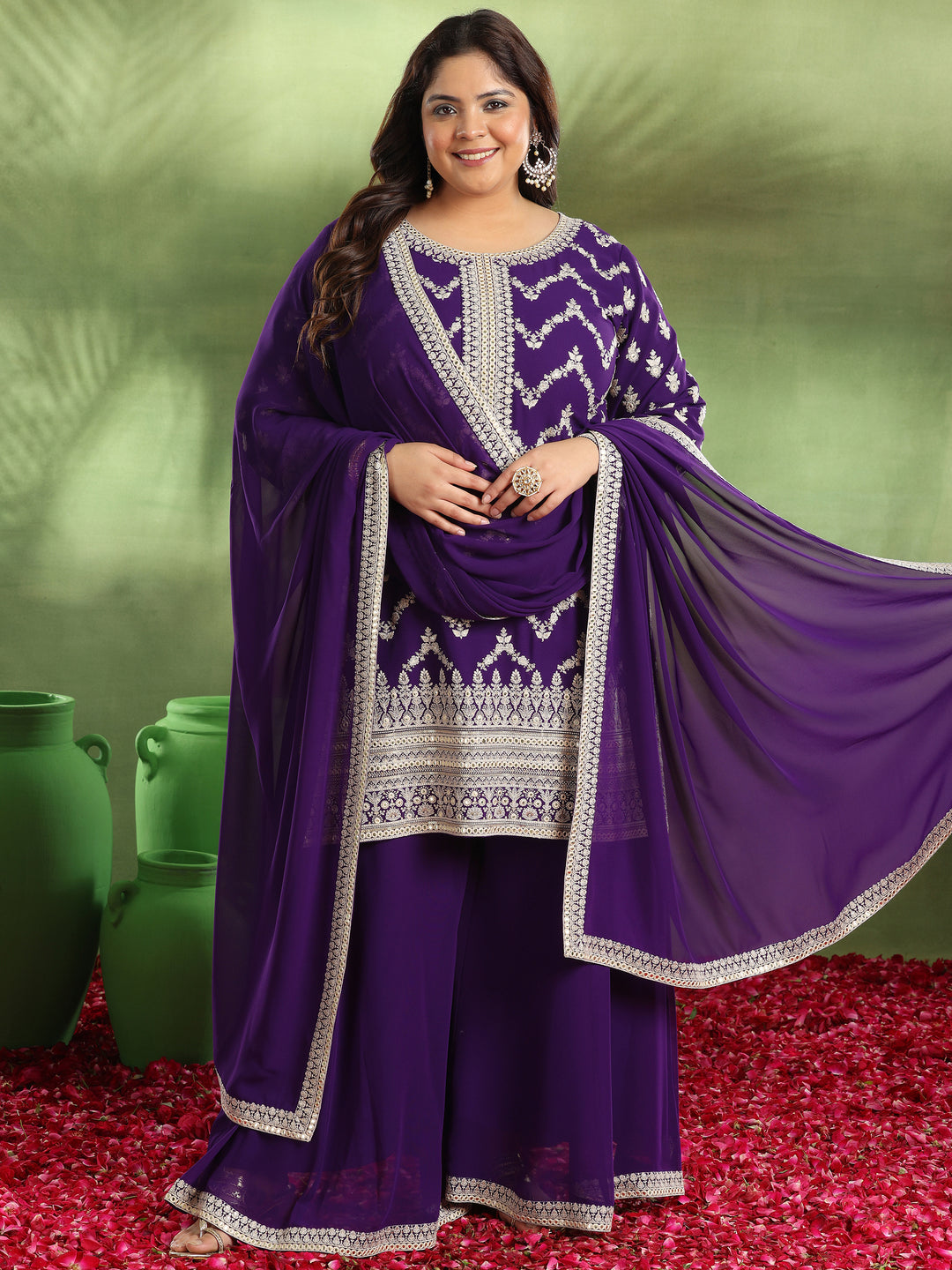 Plus Size Purple Embroidered Georgette Straight Suit With Dupatta